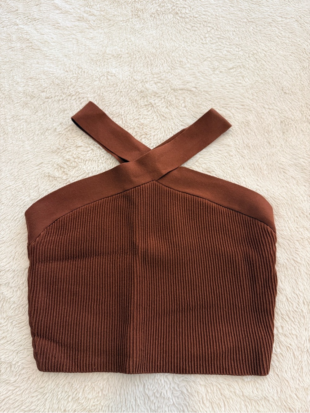 Aritzia Babaton Brown Ribbed Halter Cross-Strap Crop Top
